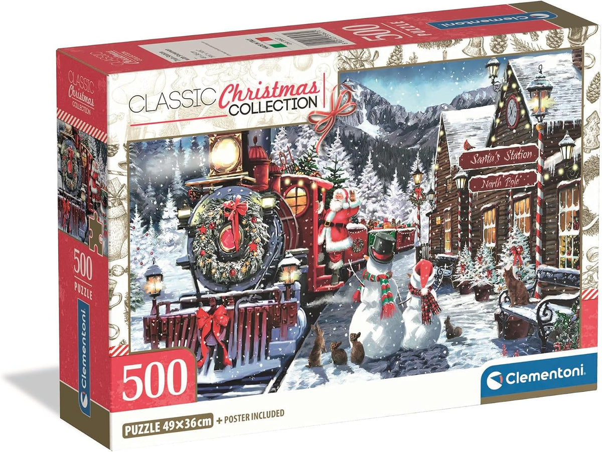 Puzzle Train Station with Snowman Clementoni 500 peças, comboio a vapor e bonecos de neve no Polo Norte