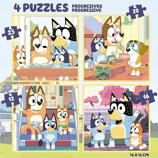 Mala 4 Puzzles Progressivos Bluey – Educa - 12, 16, 20 e 25 Peças