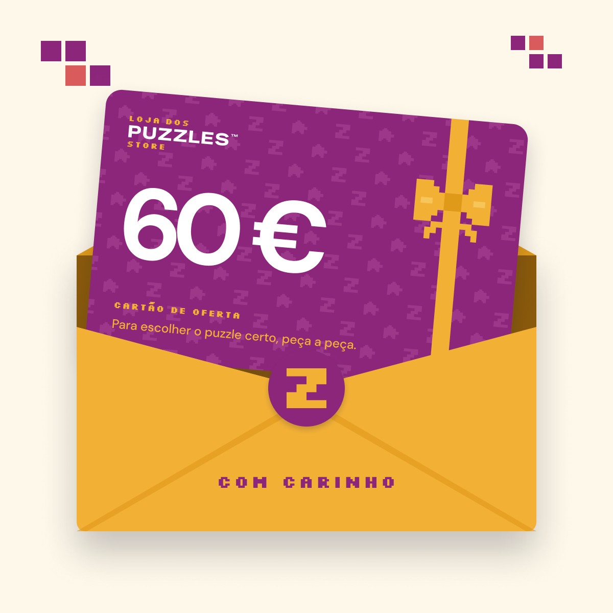 Cartão de oferta de 60 euros dentro de um envelope ameixa