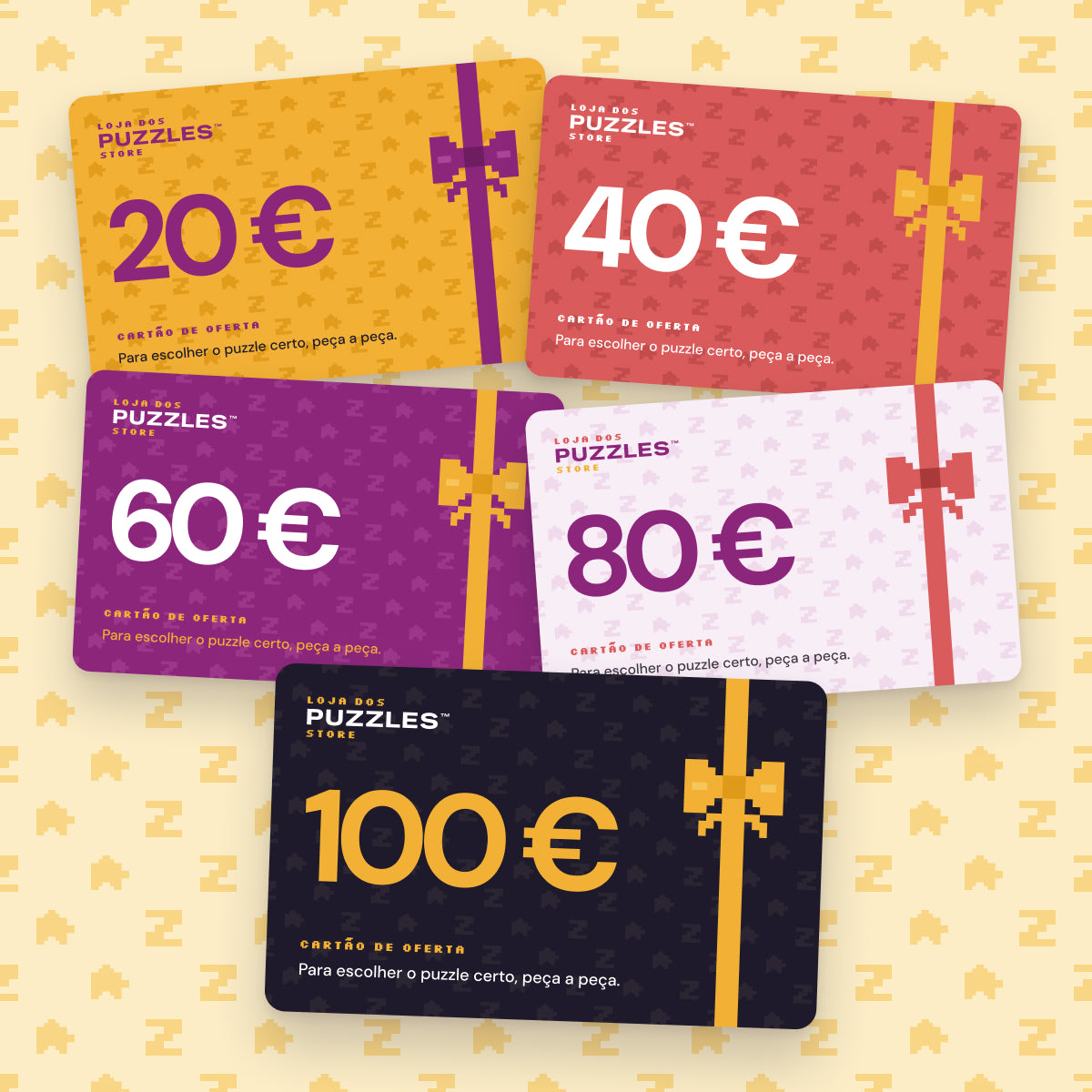 Cartões de oferta da Loja dos Puzzles de 20, 40, 60, 80 e 100 euros