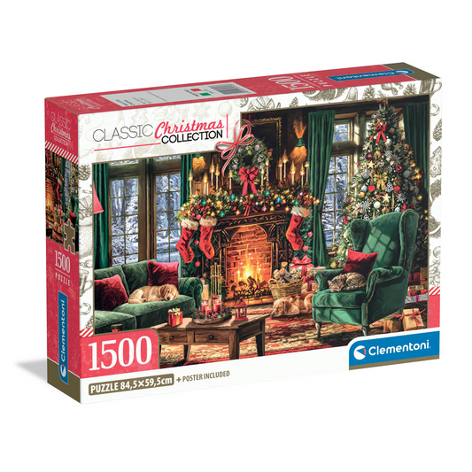 Puzzle Have a Cozy Christmas da Clementoni, sala de Natal com lareira e árvore iluminada