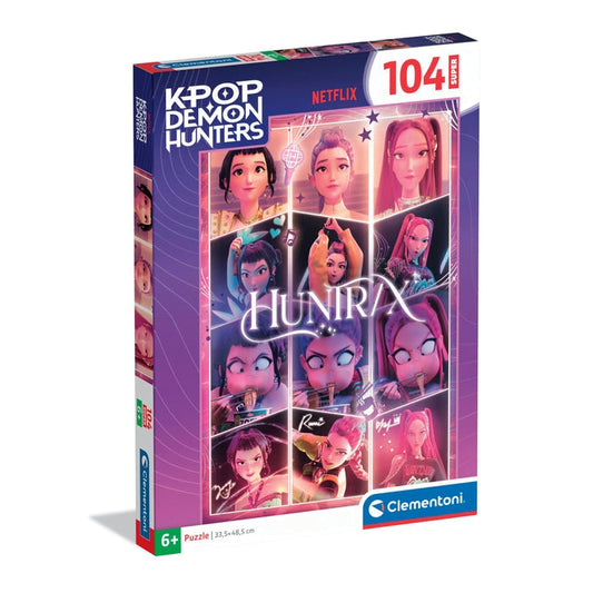 Puzzle KPop Demon Hunters HUNTR/X Retratos Super - Clementoni - 104 Peças, caixa do puzzle oficial Netflix