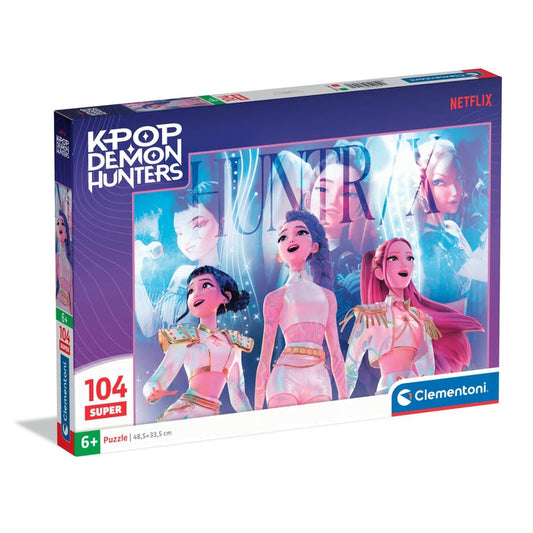 Puzzle KPop Demon Hunters HUNTR/X em Palco Super - Clementoni - 104 Peças, caixa do puzzle oficial Netflix