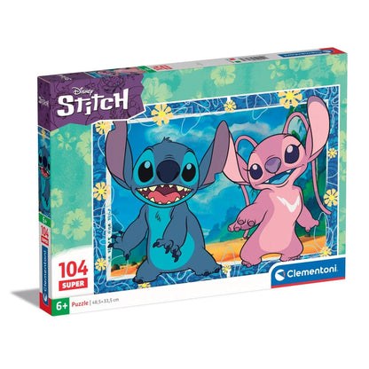Puzzle Disney Stitch e Angel - Clementoni - 104 Peças, caixa do puzzle oficial Disney