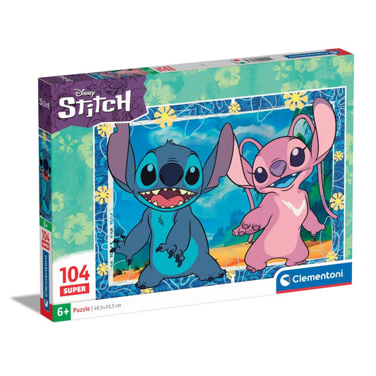 Puzzle Disney Stitch e Angel - Clementoni - 104 Peças, caixa do puzzle oficial Disney