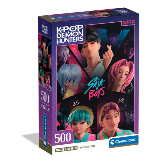 Puzzle KPop Demon Hunters Saja Boys - Clementoni - 500 Peças, caixa do puzzle oficial Netflix