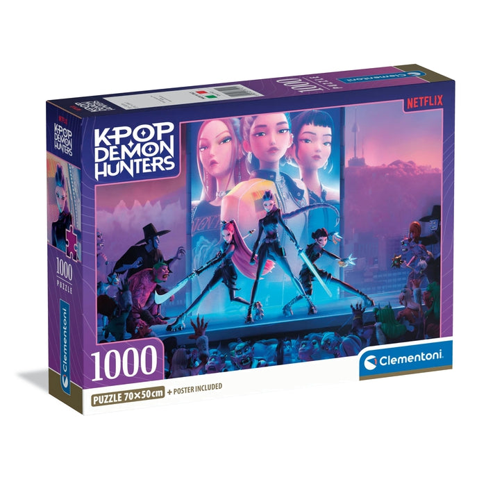 Puzzle KPop Demon Hunters HUNTR/X em Concerto - Clementoni - 1000 Peças, caixa do puzzle oficial Netflix
