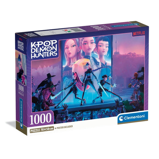 Puzzle KPop Demon Hunters HUNTR/X em Concerto - Clementoni - 1000 Peças, caixa do puzzle oficial Netflix