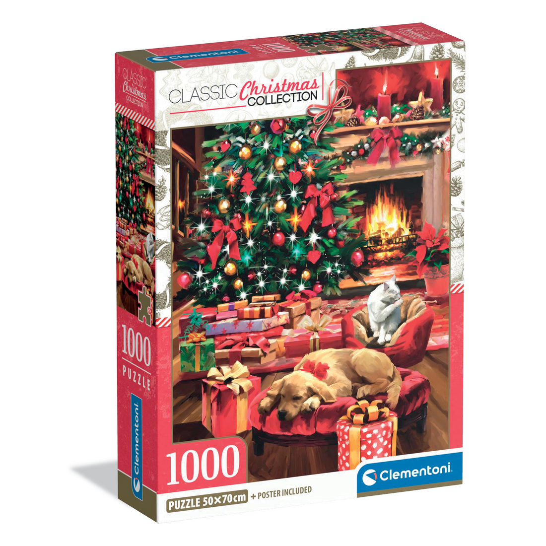 Puzzle Christmas by the Fire Clementoni 1000 peças, sala de Natal com lareira, cão e gato