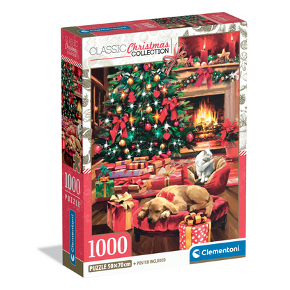 Puzzle Christmas by the Fire Clementoni 1000 peças, sala de Natal com lareira, cão e gato