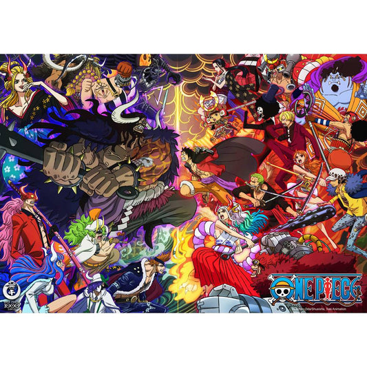 Imagen del Puzzle One Piece de Clementoni montado, con los Piratas del Sombrero de Paja en batalla