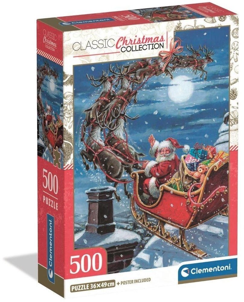 Puzzle Midnight Sleigh Ride Clementoni 500 peças, Pai Natal e renas a voar sob a lua cheia