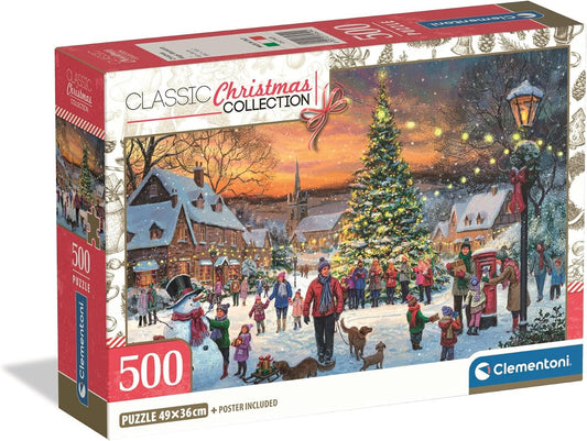 Puzzle Christmas Magic Moments Clementoni 500 peças, praça de aldeia nevada com árvore de Natal
