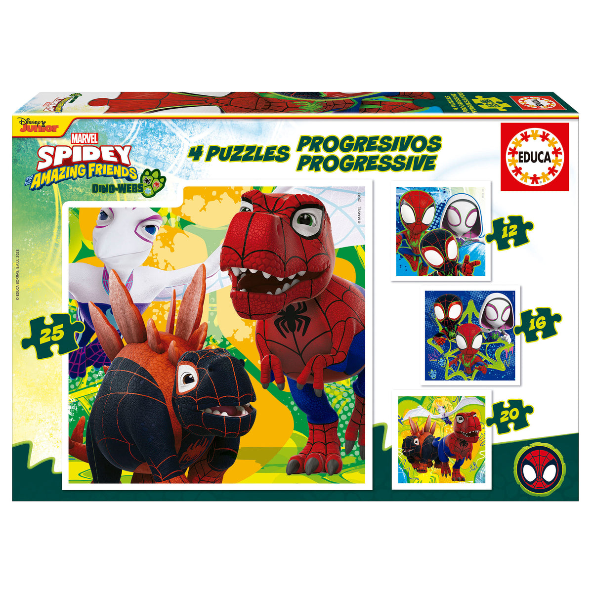 Puzzles Progressivos Dino Spidey - Educa - 12, 16, 20 e 25 Peças