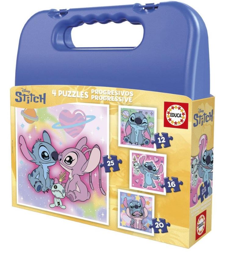 Mala Puzzles Progressivos Stitch - Educa - 12, 16, 20 e 25 Peças