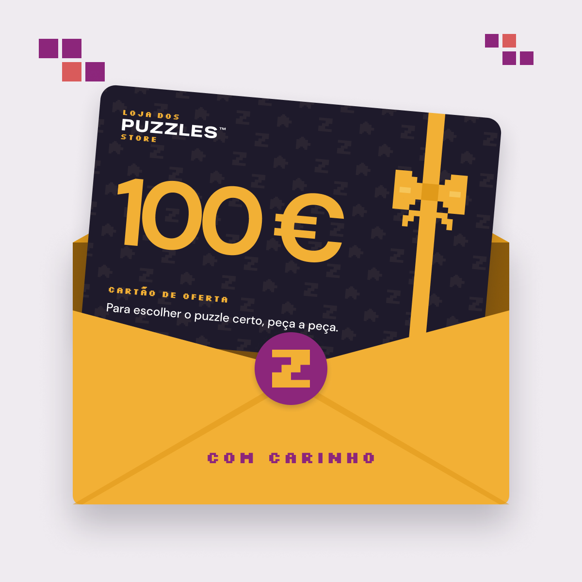 Cartão de oferta de 100 euros dentro de um envelope ameixa