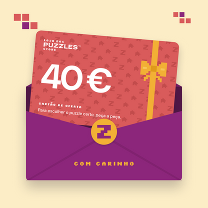 Cartão de oferta de 40 euros dentro de um envelope ameixa