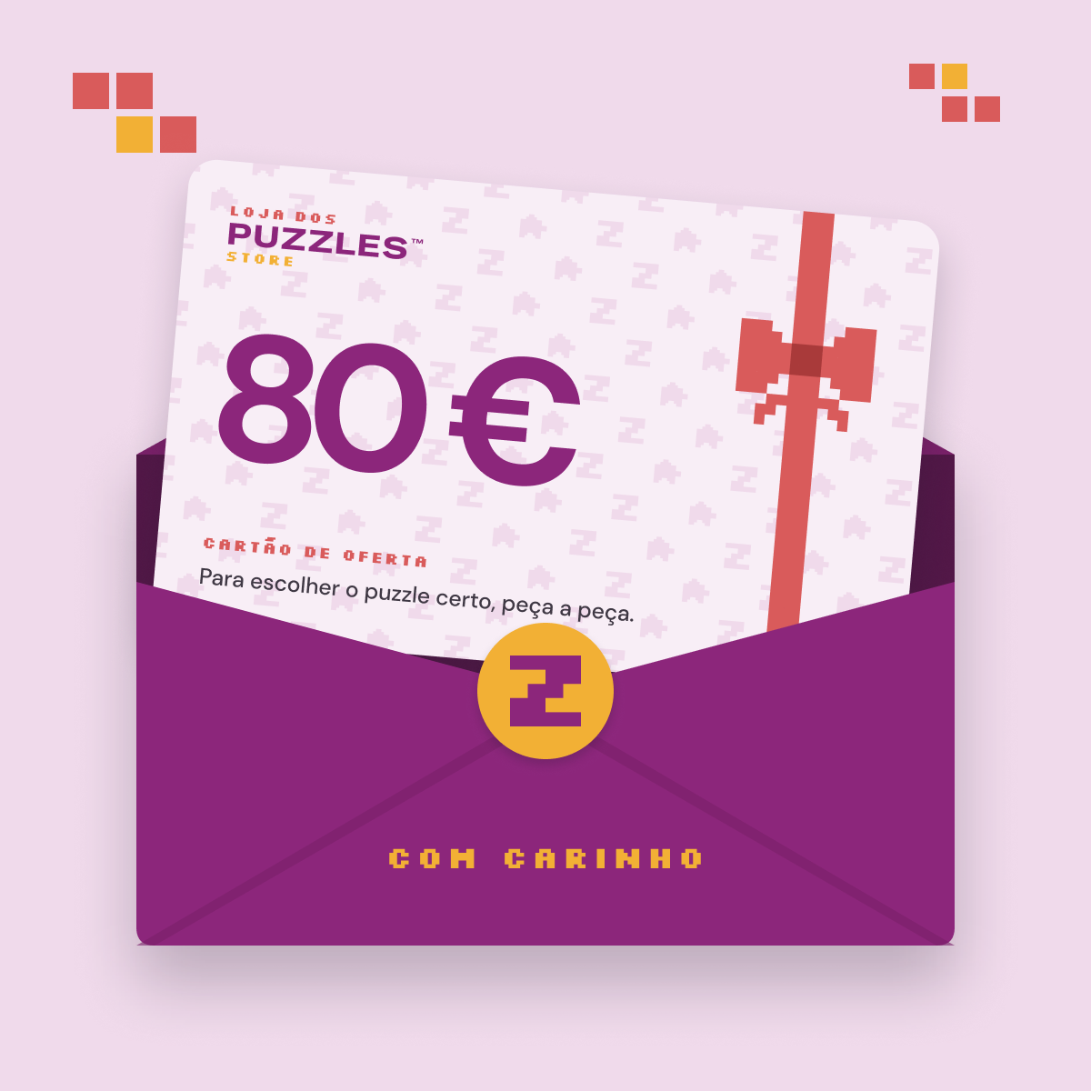 Cartão de oferta de 80 euros dentro de um envelope ameixa