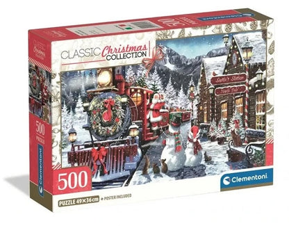 Caixa do puzzle Clementoni Train Station with Snowman 500 peças Classic Christmas Collection