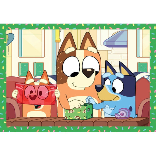 Puzzle 4 em 1 Bluey da Clementoni montado, imagem completa (4 puzzles progressivos)
