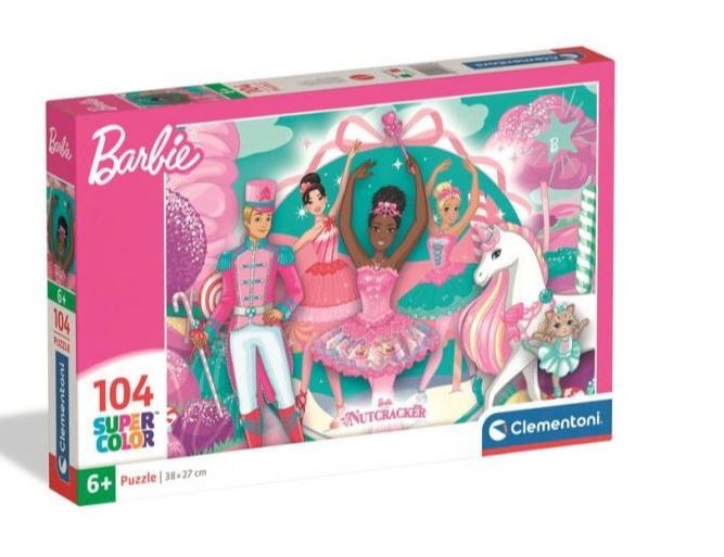 Puzzle Barbie Nutcracker da Clementoni com 104 peças, caixa com a Barbie bailarina e o Quebra-Nozes