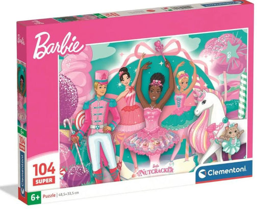 Puzzle Barbie Nutcracker Super da Clementoni com 104 peças grandes, caixa com a Barbie bailarina e o Quebra-Nozes